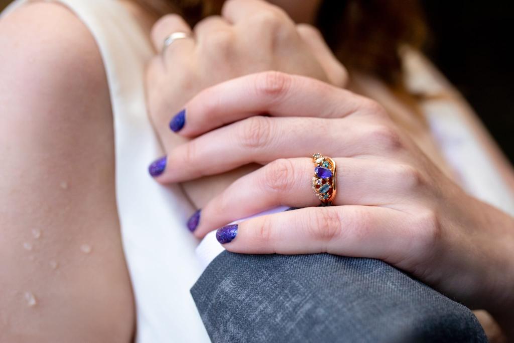Client wedding image from there wedding wearing Nude Jewellery wedding ring and engagement ring