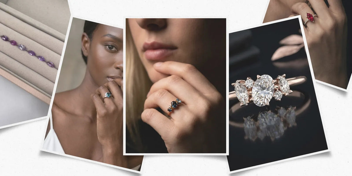Collage of models wearing coloured gemstone rings, a diamond ring close-up and loose purple sapphires.