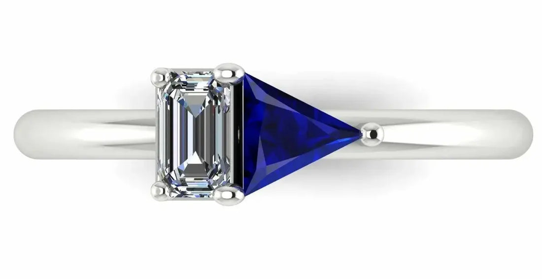 Elektra Toi et Moi engagement ring in white gold and platinum with blue sapphire and diamond, top-down view