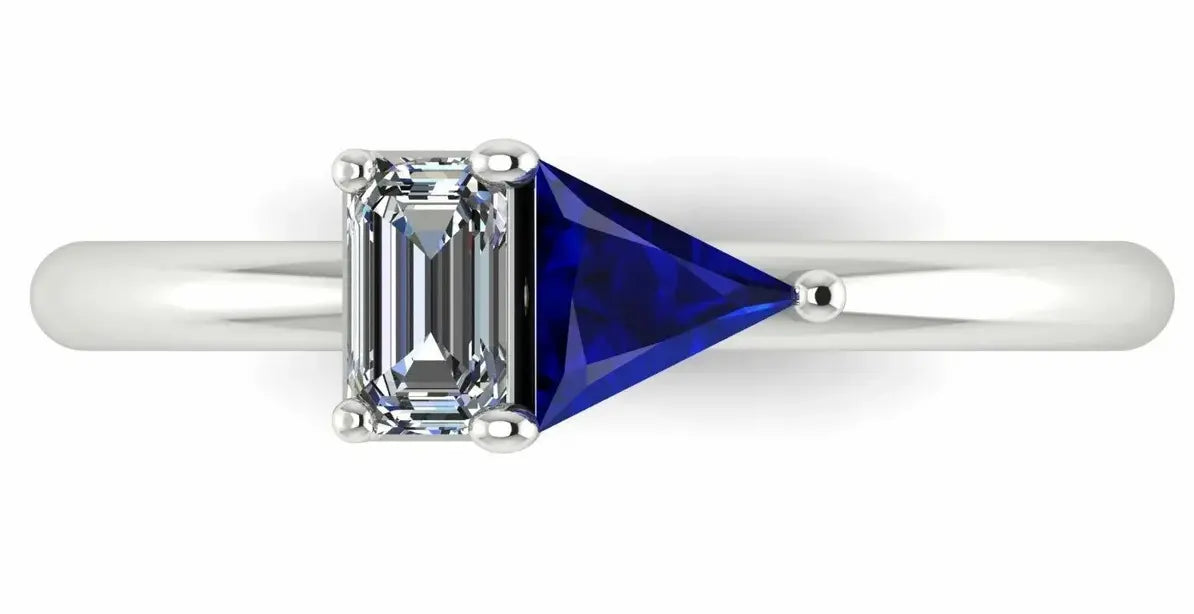 Elektra Toi et Moi engagement ring in white gold and platinum with blue sapphire and diamond, top-down view