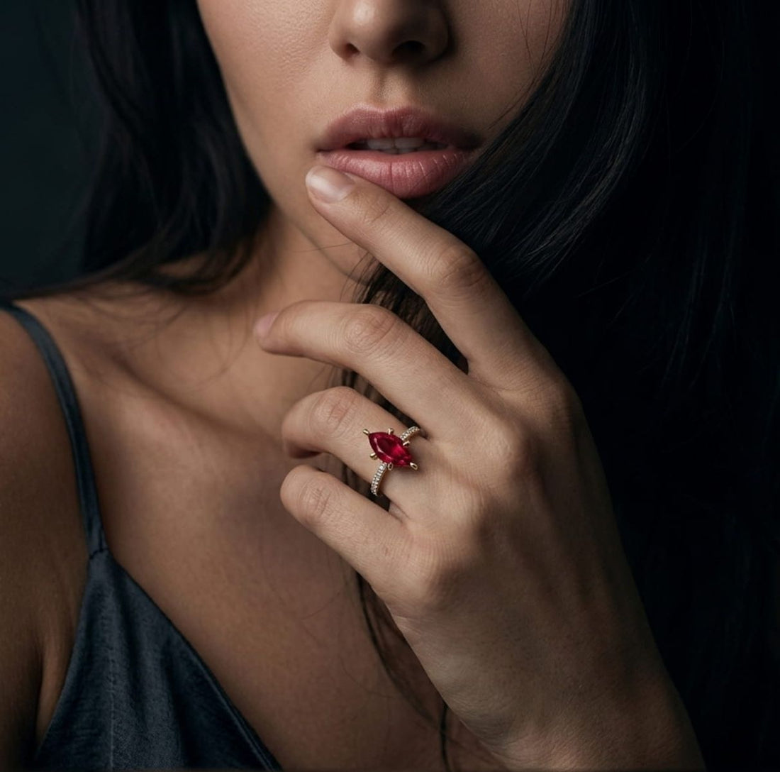 The stunning ruby Amoret marquise engagement ring model image