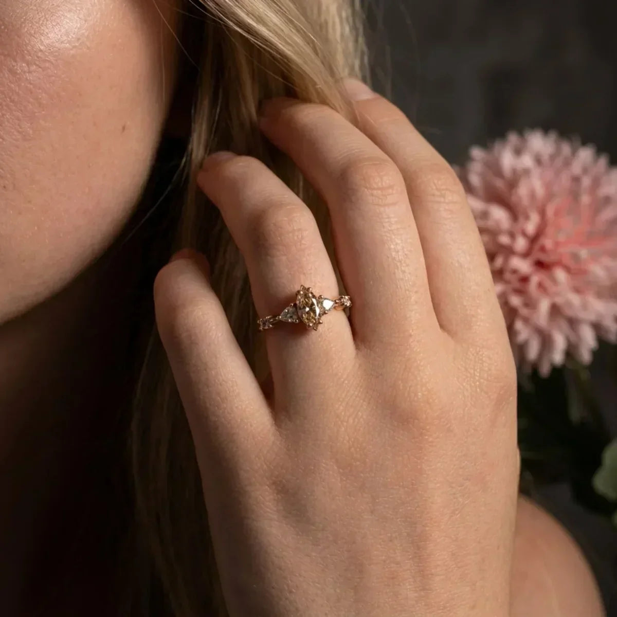 Maisie marquise champagne diamond engagement ring in rose gold, worn on model — handmade by Nude Jewellery London