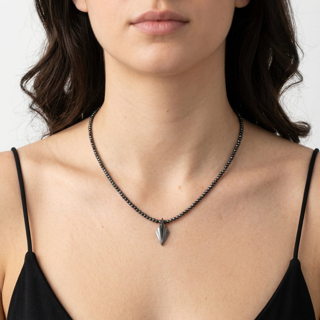 Art Deco black rhodium plated necklace featured on a model