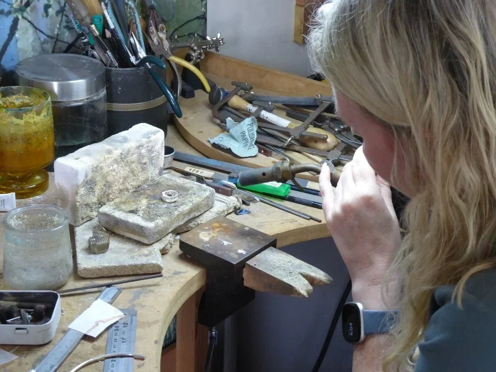 Nikki Galloway, jewellery designer and founder of Nude Jewellery, working at the bench in her London studio