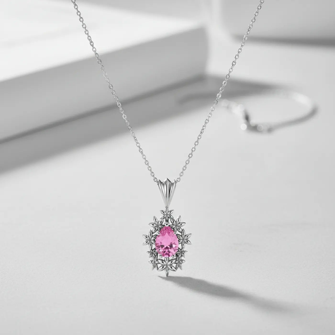Fleur pink tourmaline flower pendant in recycled silver, handmade in London