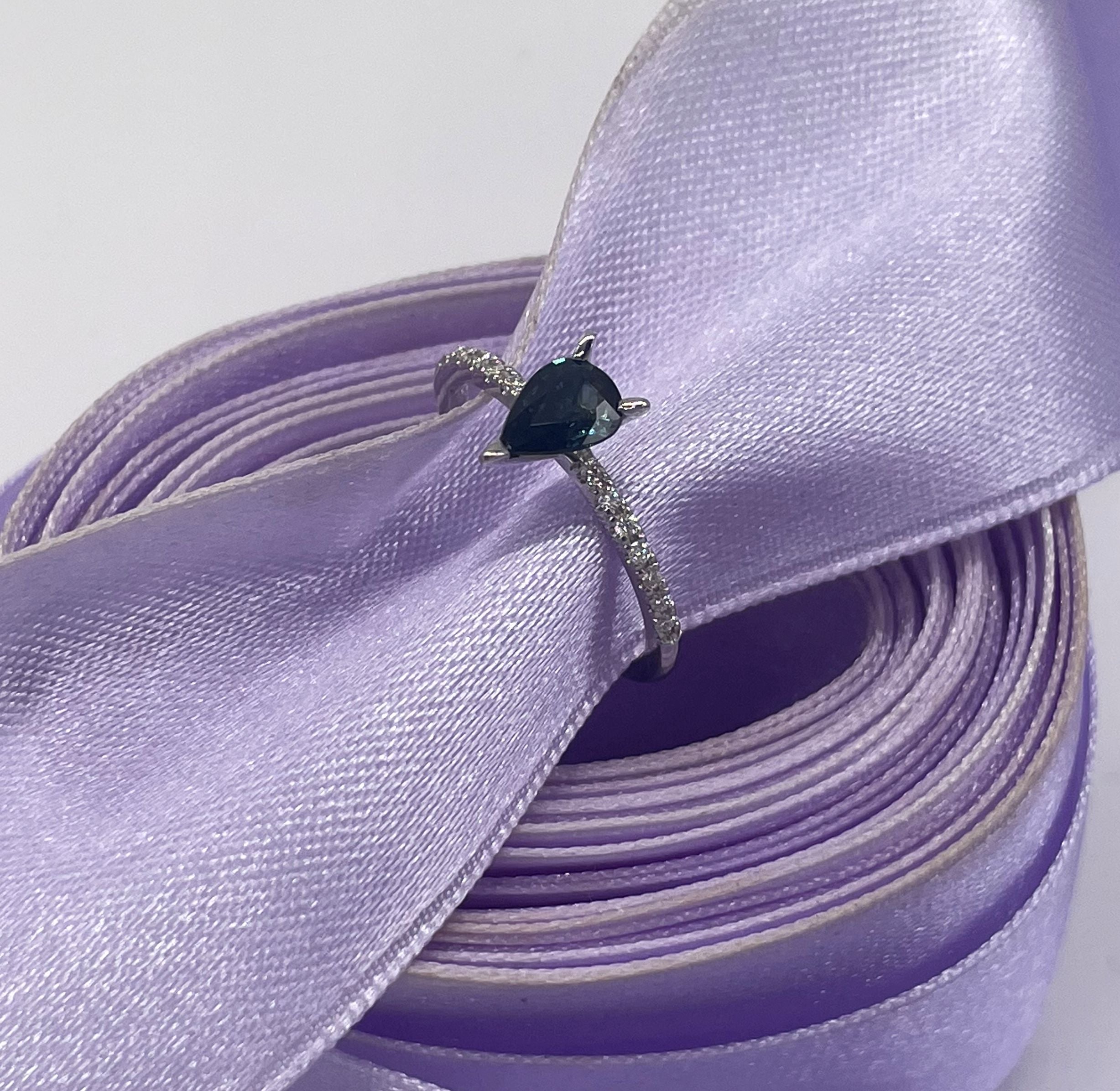 Calista Solitaire Collection — pear gemstone ring with integrated sculpted claws and diamond-set shank, handmade in London