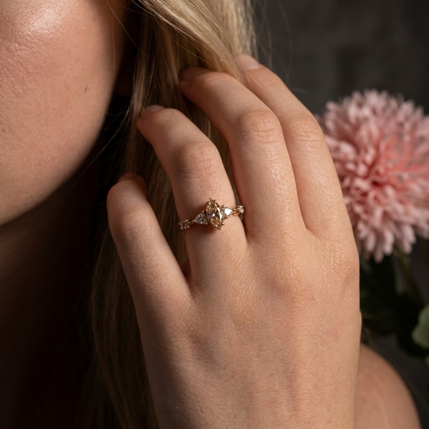 Honey and champagne diamond engagement ring handmade in 18ct rose gold — made to order in our London studio