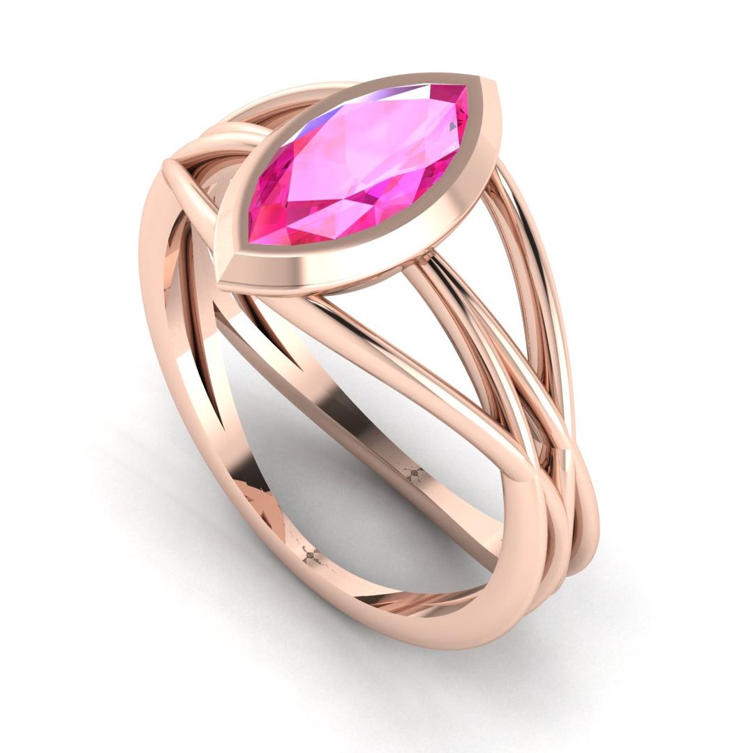 Marquise pink sapphire bold sculptured rose gold cocktail ring.