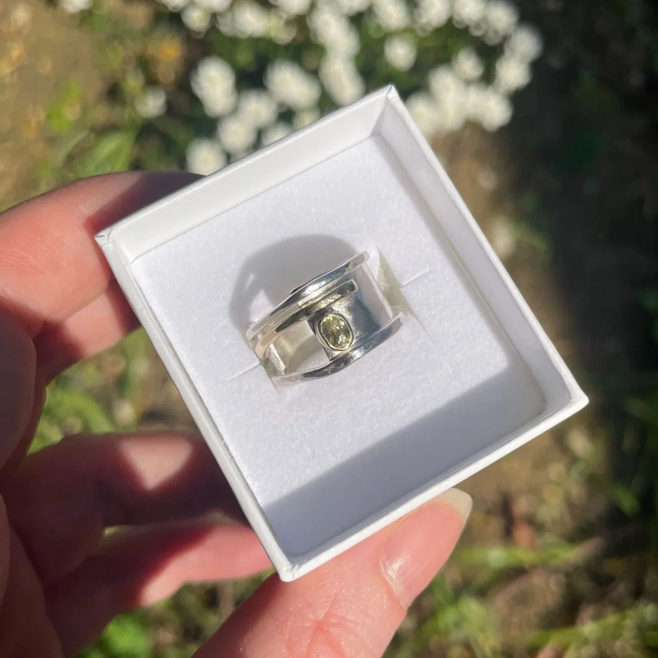 Misu Collection — organic textured sterling silver ring with 9ct gold details and gemstone, handmade in London