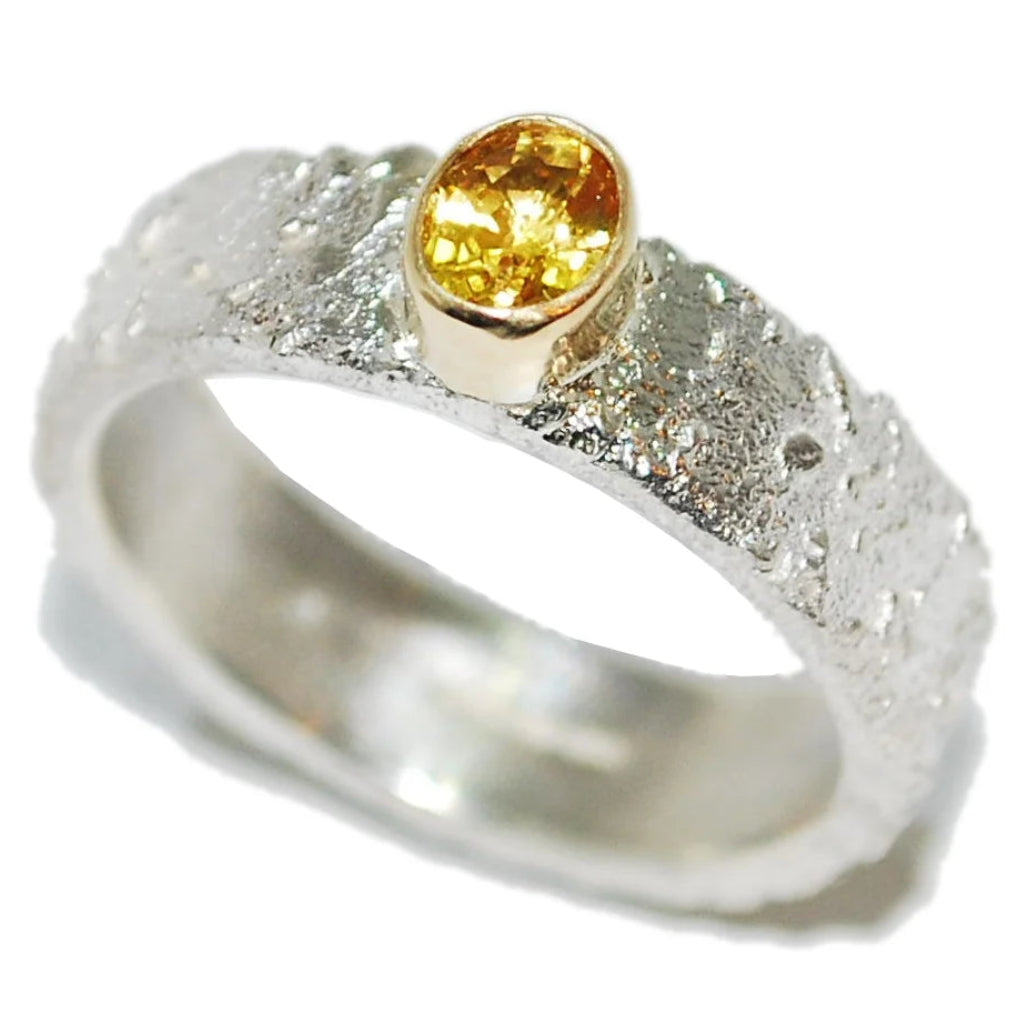 Rivda: Yellow Sapphire Organic Textured Ring | Silver & 9ct Gold