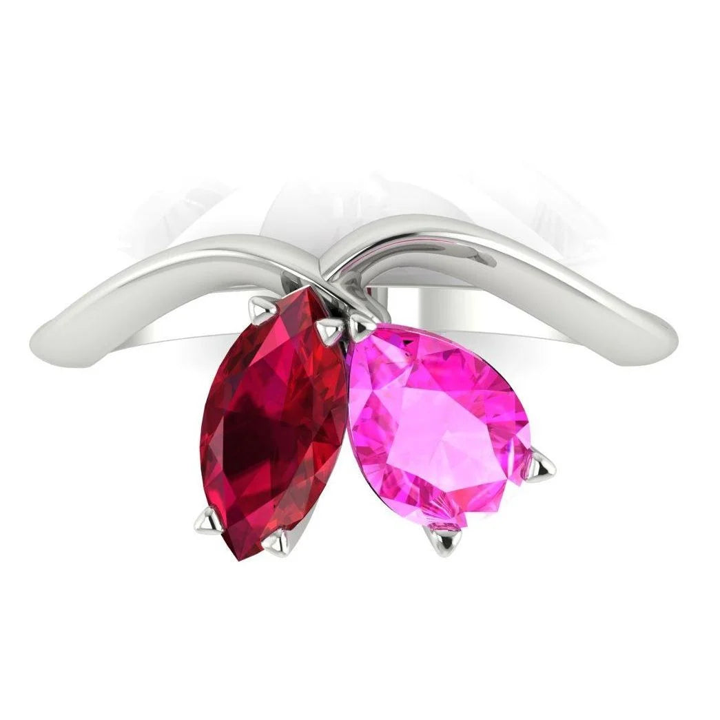 Entwined - Toi Et Moi - Marquise Ruby & Pear Shaped Pink Sapphire Ring - White Gold or Platinum
