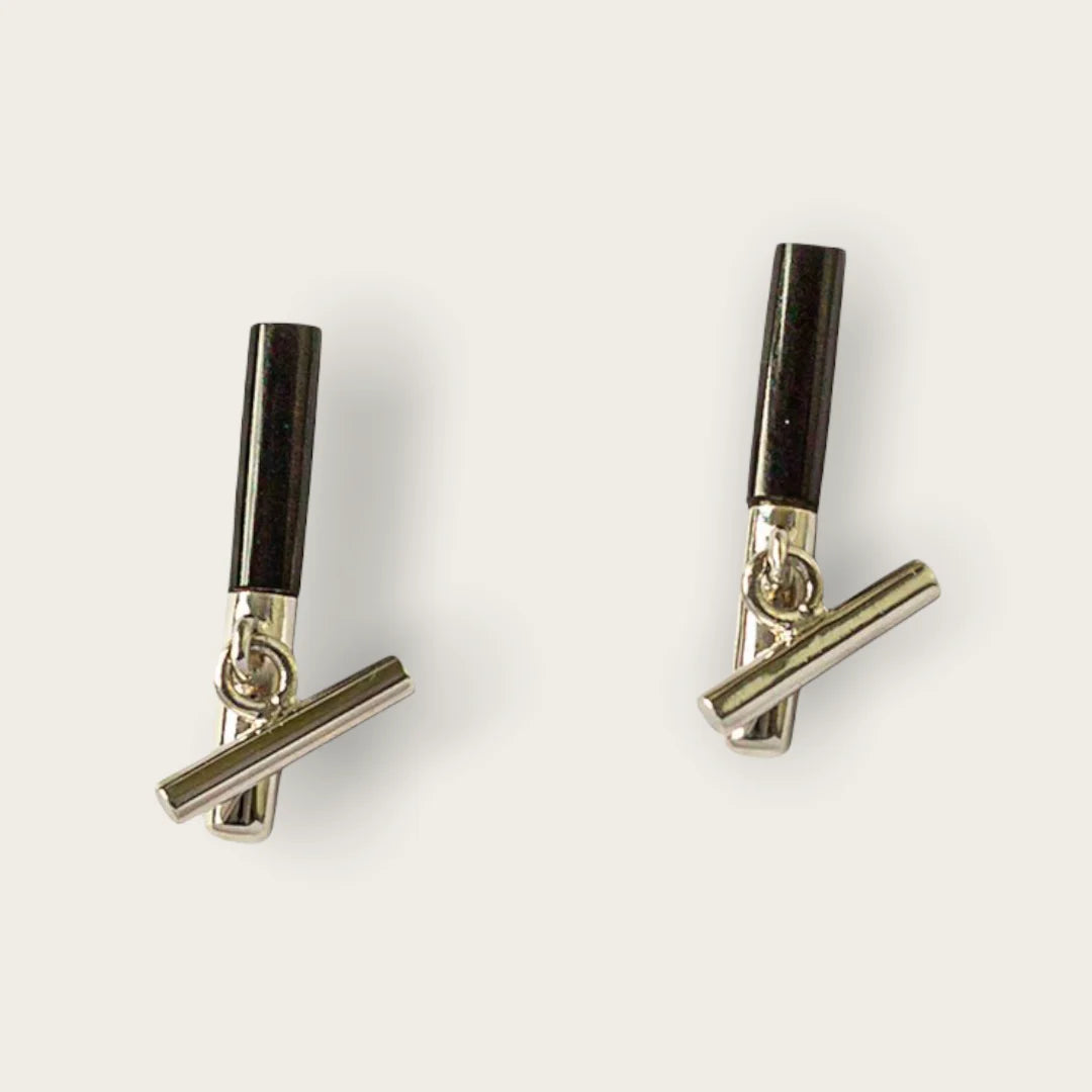 Onyx Bar Stud Earrings with Silver Detail