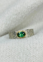 Rivda: Green Tourmaline Organic Textured Ring | Silver & 9ct Gold