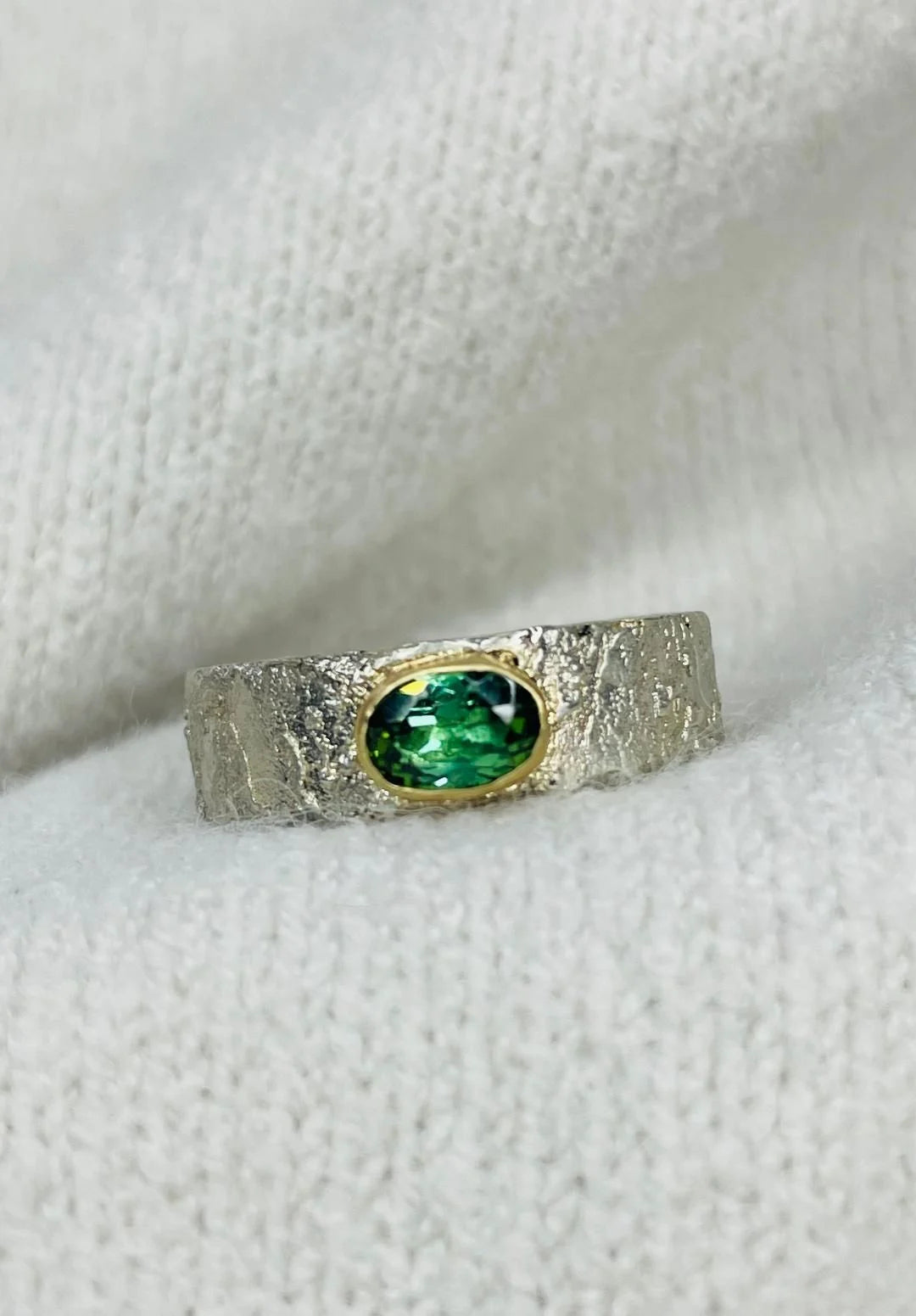 Rivda: Green Tourmaline Organic Textured Ring | Silver & 9ct Gold