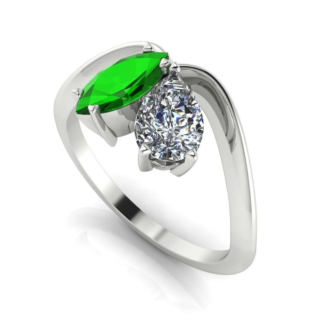 Entwined - Toi Et Moi Marquise Tsavorite & Pear Shaped Diamond Ring - 18 Carat White Gold or Platinum