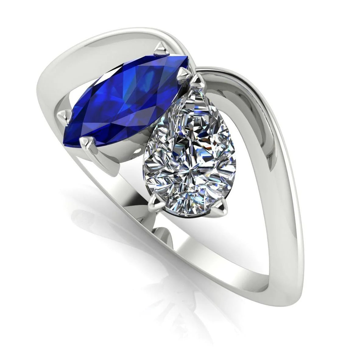 Entwined - Toi Et Moi - Marquise Sapphire & Pear Shaped Diamond Ring - White Gold or Platinum