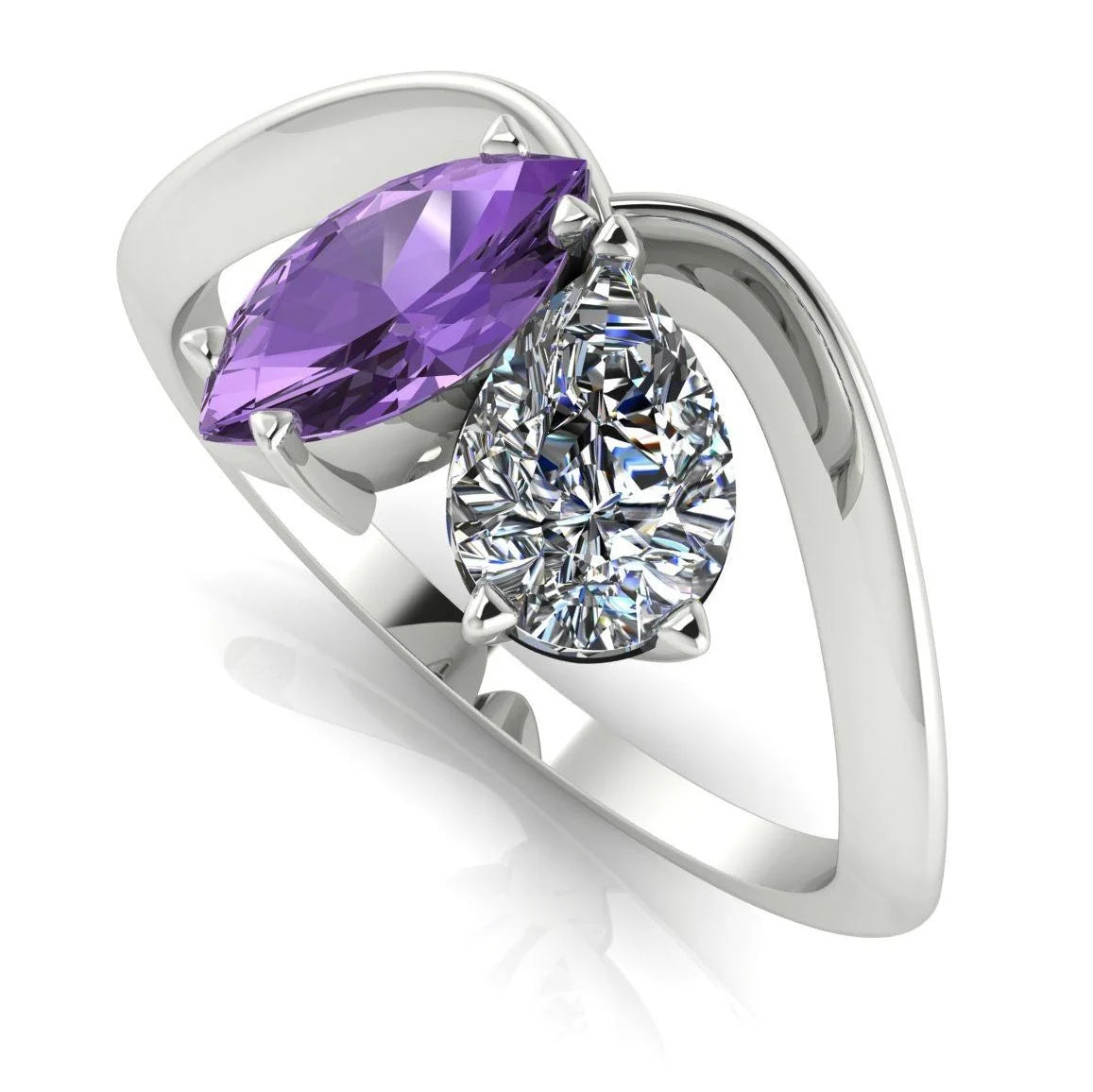 Entwined - Toi Et Moi - Marquise Violet Sapphire & Pear Shaped Diamond Ring - 18 Carat White Gold or Platinum