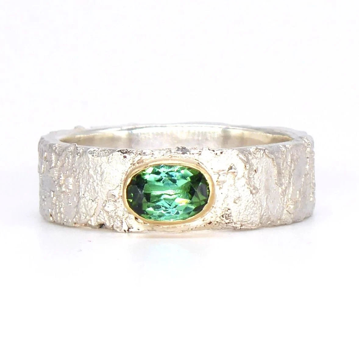 Rivda: Green Tourmaline Organic Textured Ring | Silver & 9ct Gold