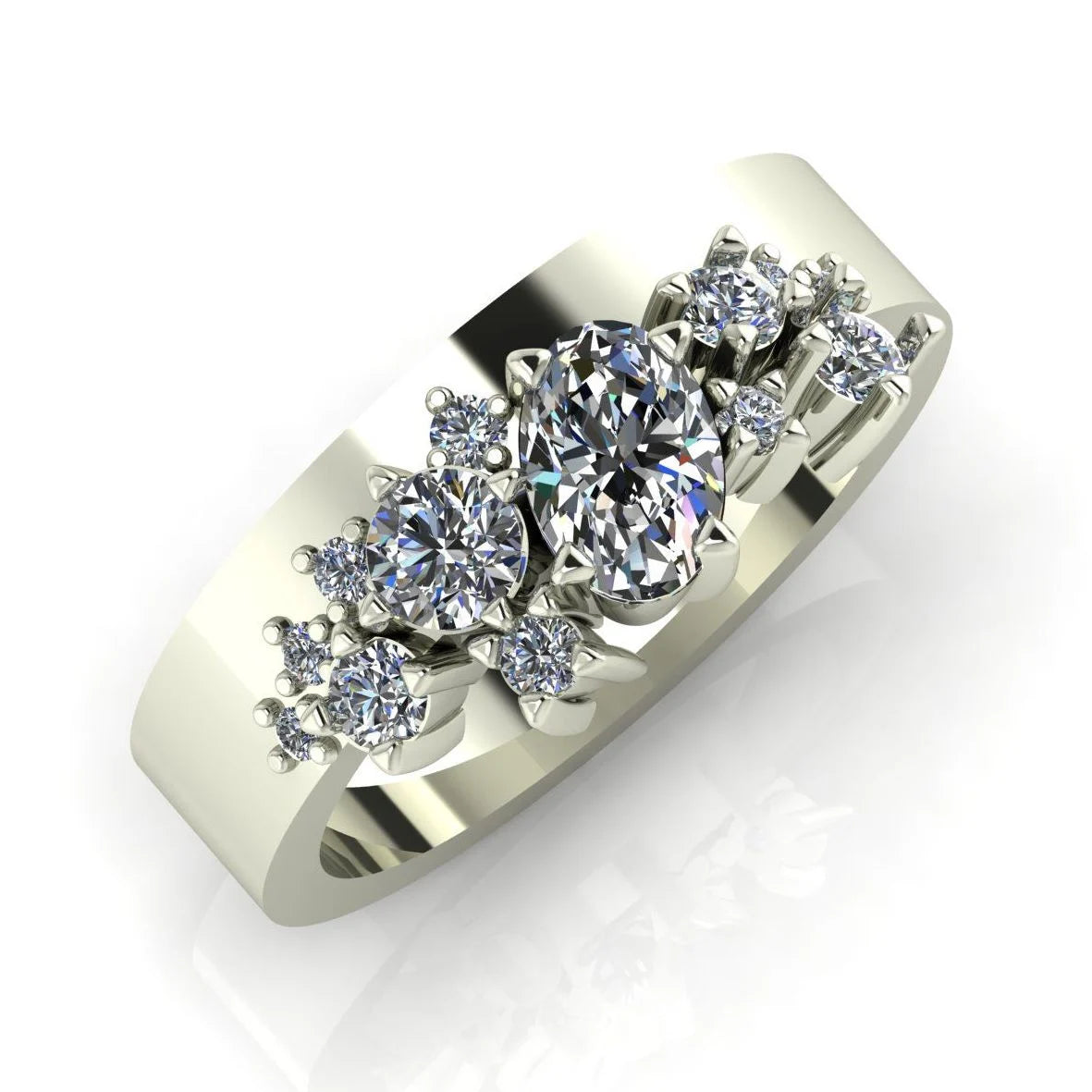 Crystallised Diamond Asymmetrical Cluster Wide Band Ring -  White Gold or Platinum