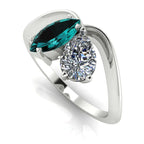 Entwined - Toi Et Moi Marquise Teal Sapphire & Pear Shaped Diamond Ring - 18 Carat White Gold or Platinum