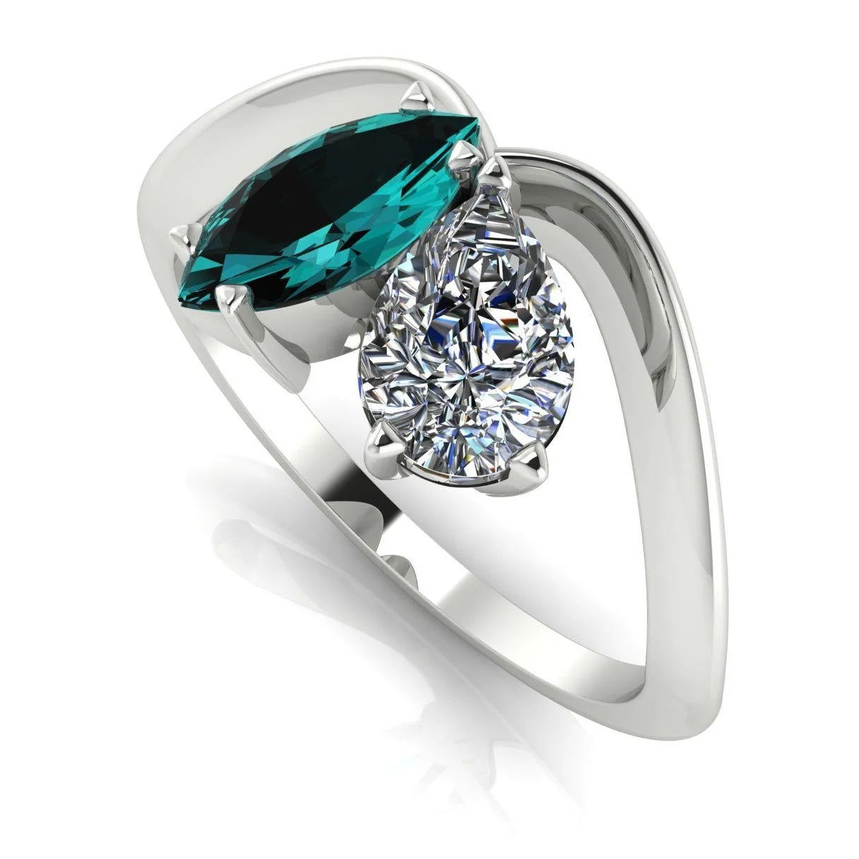 Entwined - Toi Et Moi Marquise Teal Sapphire & Pear Shaped Diamond Ring - 18 Carat White Gold or Platinum