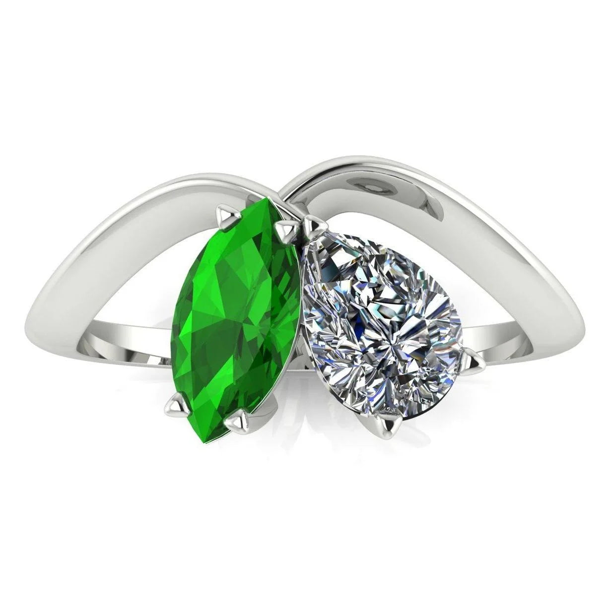 Entwined - Toi Et Moi Marquise Tsavorite & Pear Shaped Diamond Ring - 18 Carat White Gold or Platinum