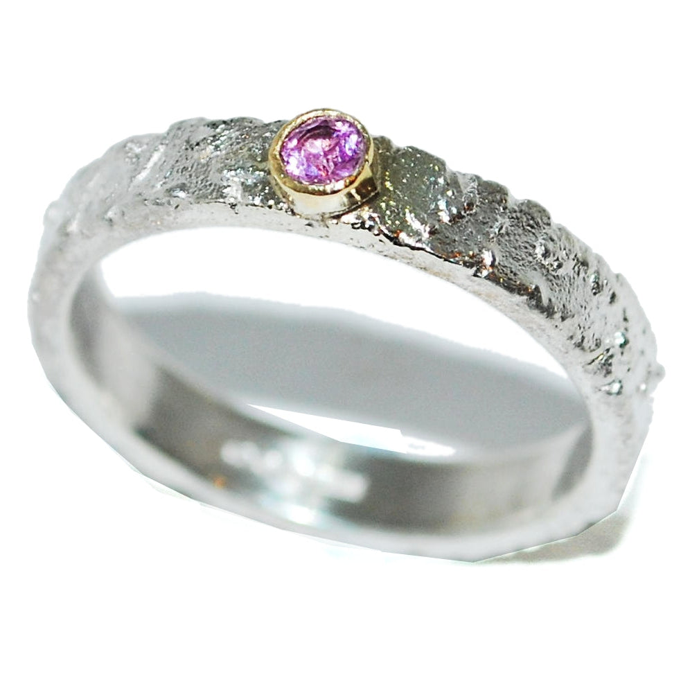Handmade Textured Silver Ring With Pink Sapphire Set In Yellow Gold