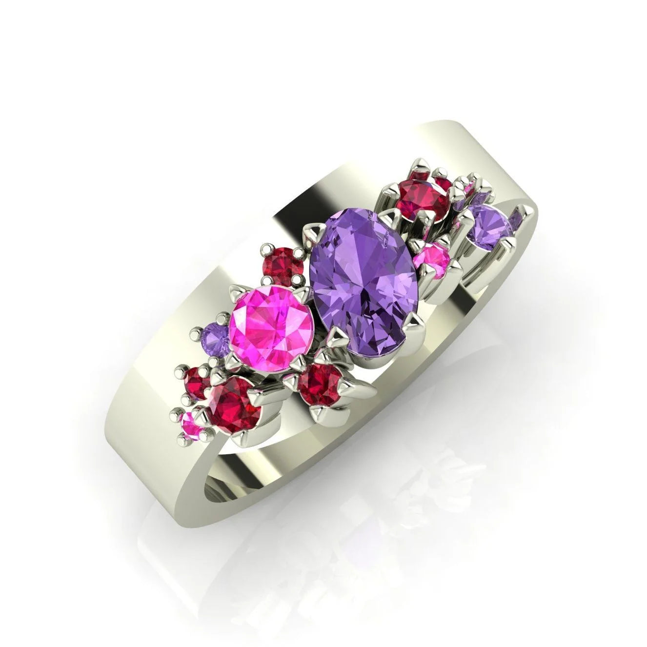 Crystallised Violet & Pink Sapphire With Rubies Encrusted White Gold Or Platinum Ring