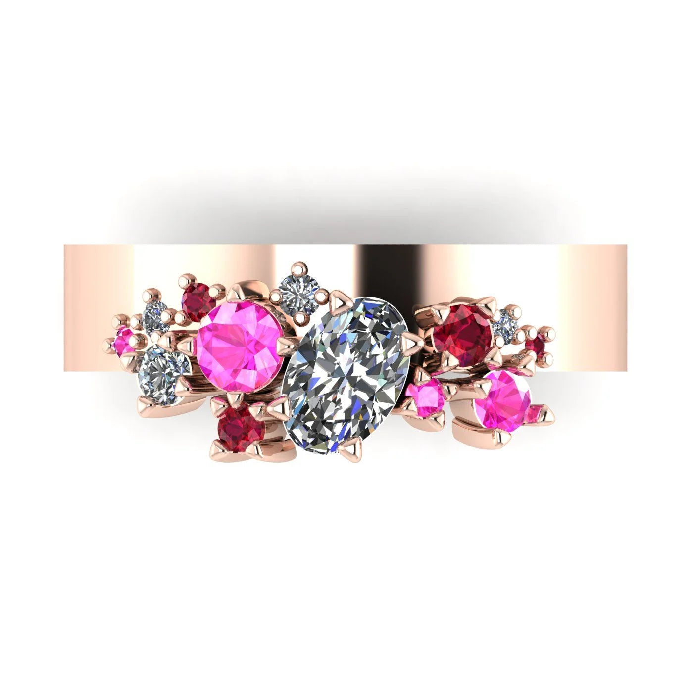 Crystallised Diamond, Ruby & Pink Sapphire  Rose Gold Ring