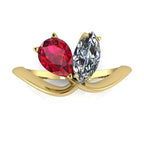 Entwined - Toi Et Moi - Marquise Diamond & Pear Shaped Ruby Ring - 18 Carat Yellow Gold