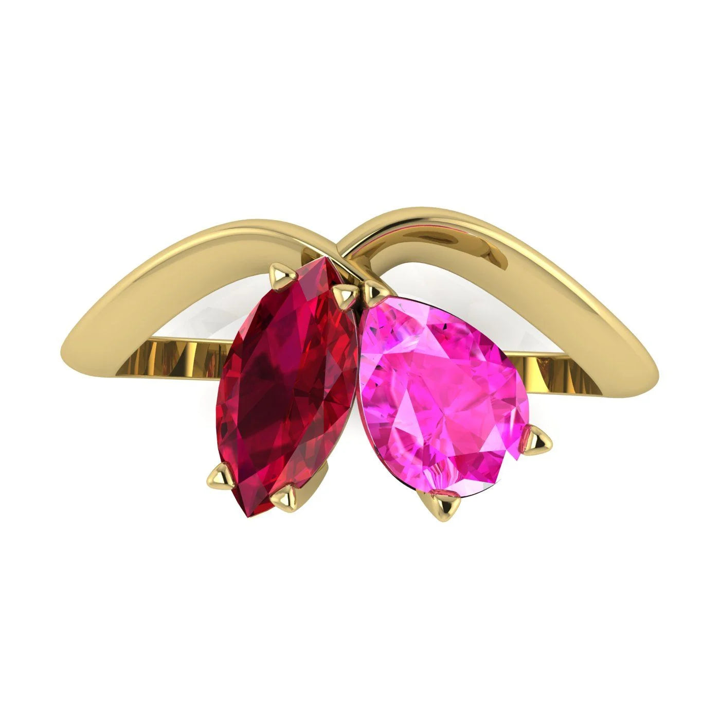 Entwined - Toi Et Moi - Marquise Ruby & Pear Shaped Pink Sapphire Ring - 18 Carat Yellow Gold