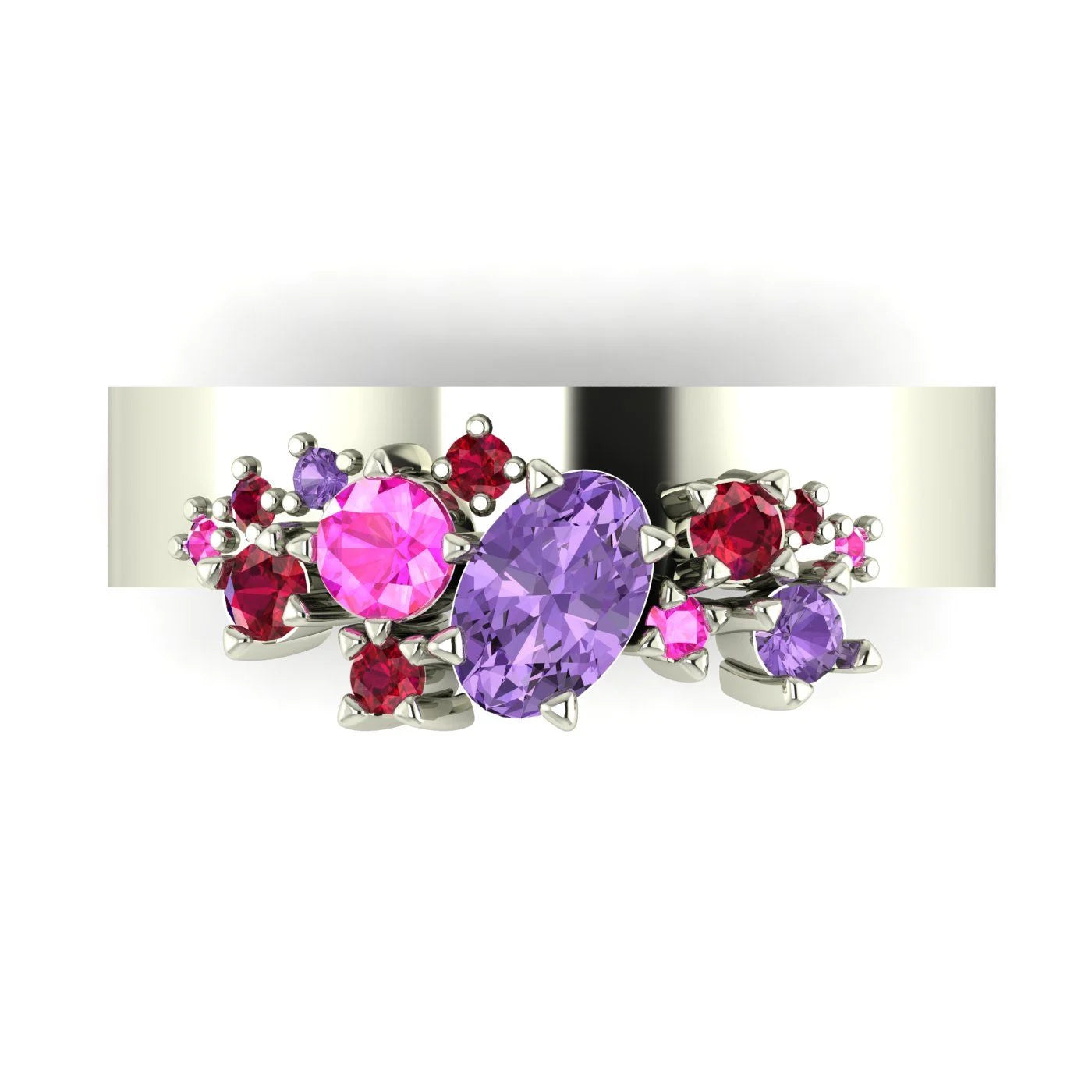 Crystallised Violet & Pink Sapphire With Rubies Encrusted White Gold Or Platinum Ring