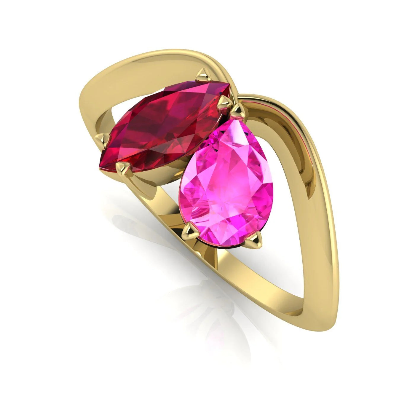 Entwined - Toi Et Moi - Marquise Ruby & Pear Shaped Pink Sapphire Ring - 18 Carat Yellow Gold