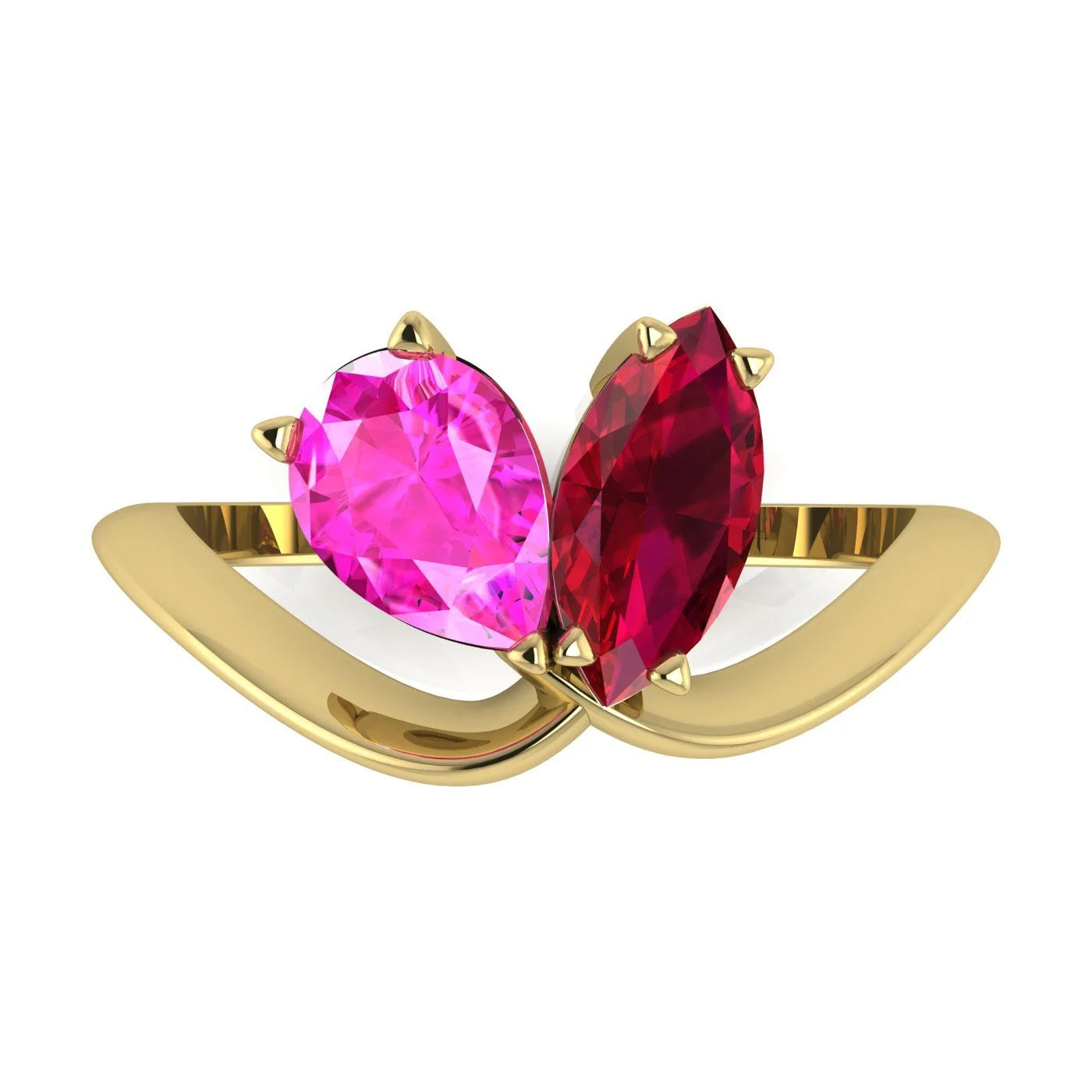 Entwined - Toi Et Moi - Marquise Ruby & Pear Shaped Pink Sapphire Ring - 18 Carat Yellow Gold