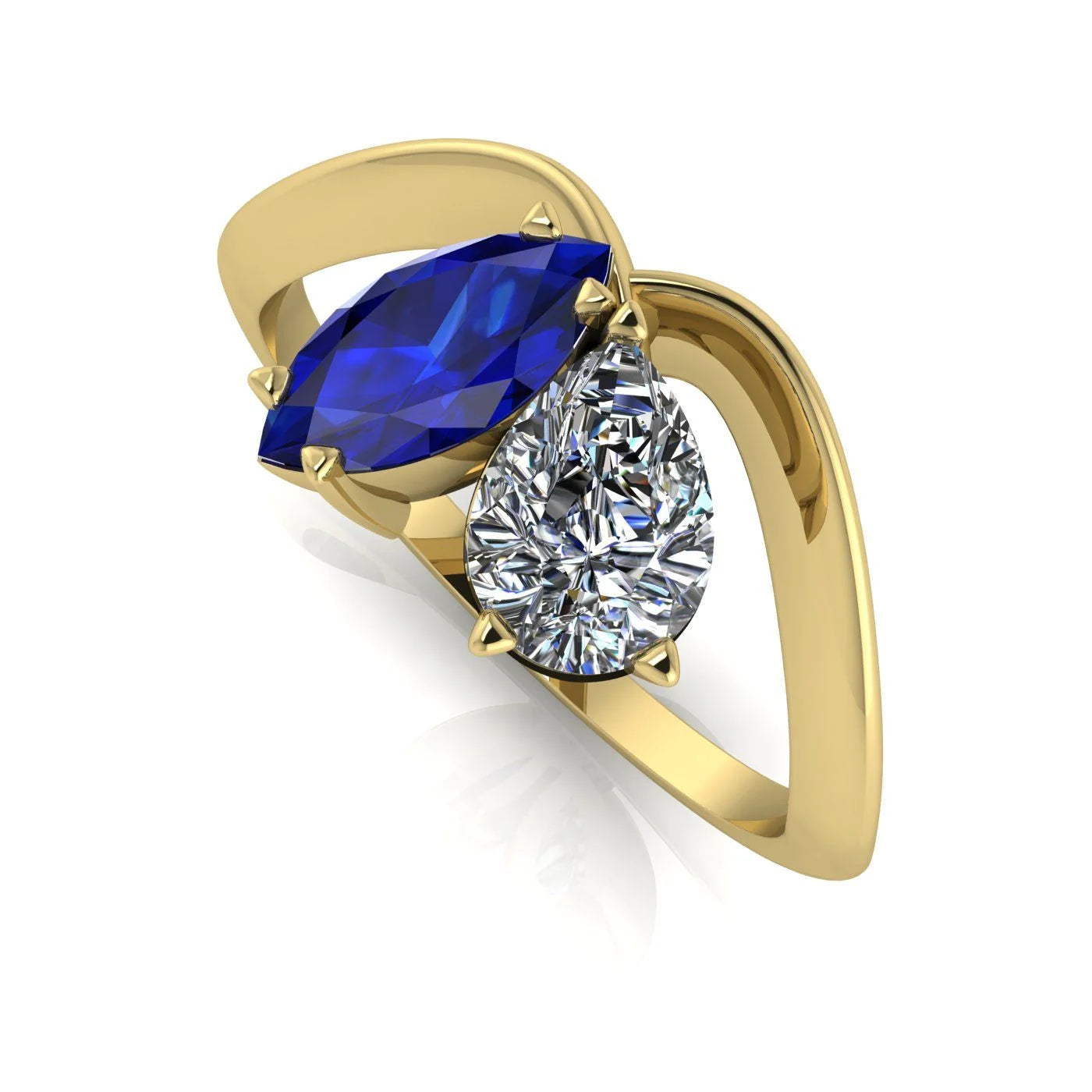 Entwined - Toi Et Moi - Marquise Sapphire & Pear Shaped Diamond Ring - 18 Carat Yellow Gold