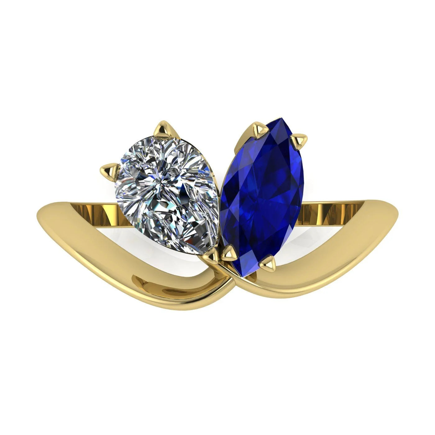 Entwined - Toi Et Moi - Marquise Sapphire & Pear Shaped Diamond Ring - 18 Carat Yellow Gold