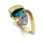 Entwined - Toi Et Moi Marquise Teal Sapphire & Pear Shaped Diamond Ring - 18 Carat Yellow Gold