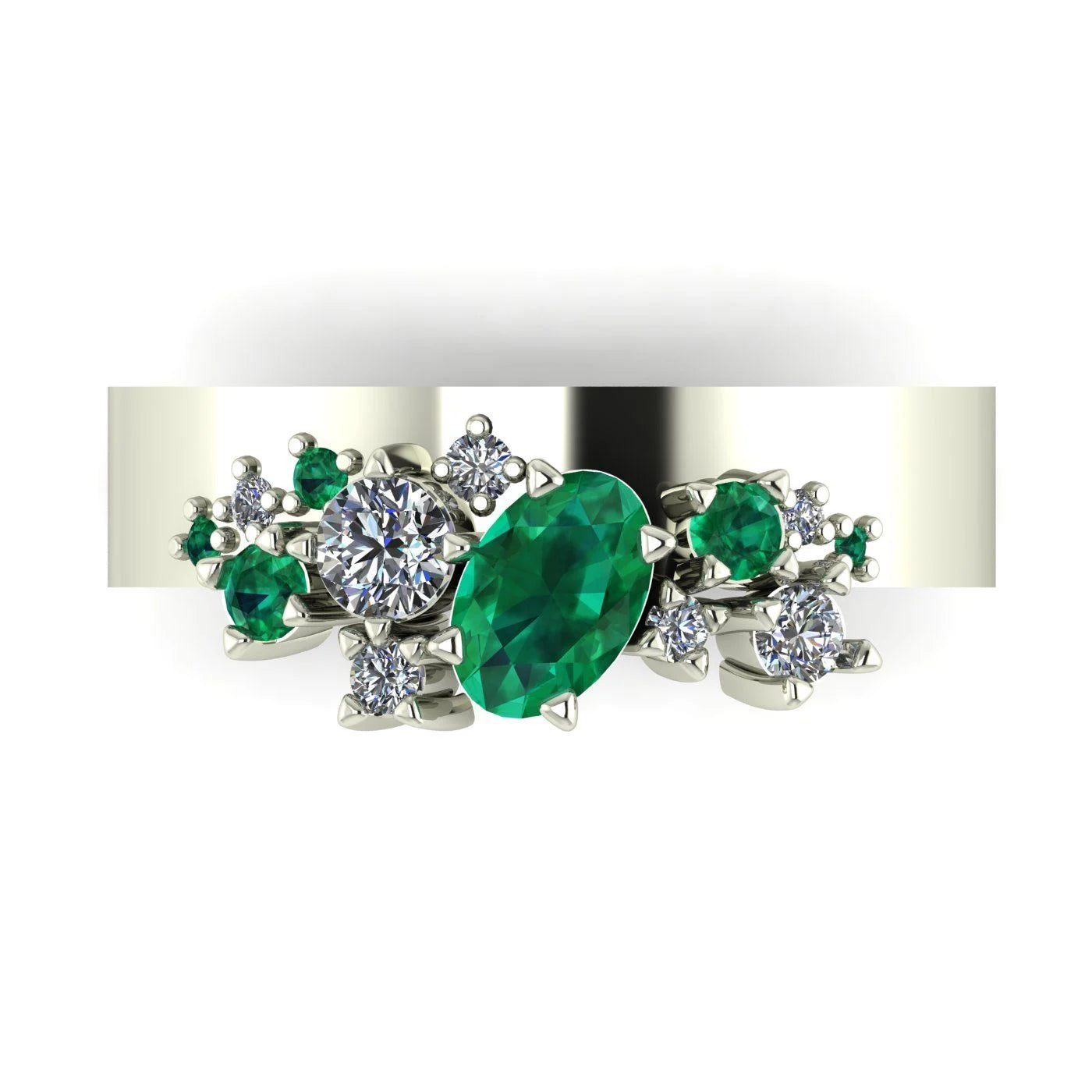 Crystallised Asymmetrical Emerald & Diamond Wide Cluster Ring- White Gold or Platinum