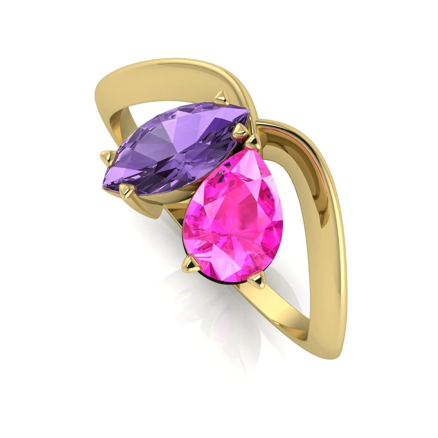 Entwined - Toi Et Moi - Marquise Violet Sapphire & Pear Shaped Pink Sapphire Ring - 18 Carat Yellow Gold