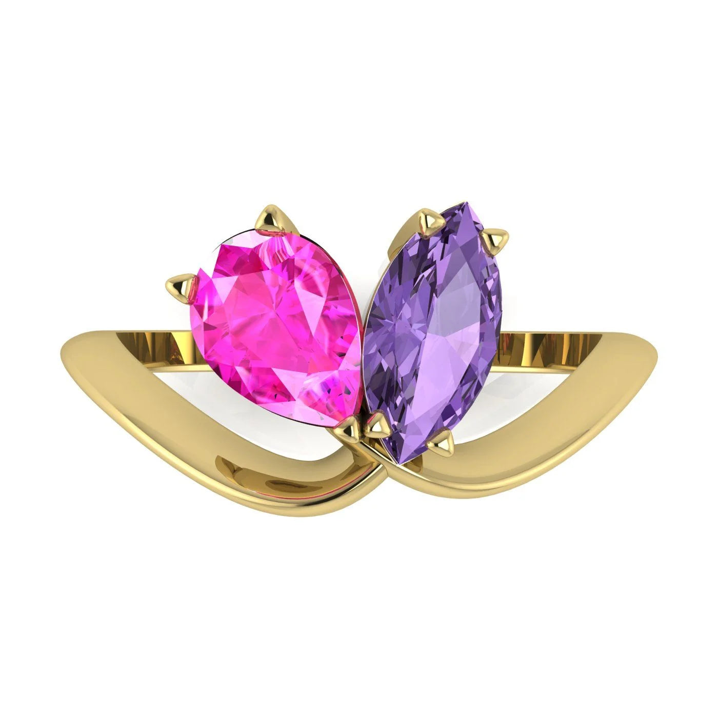 Entwined - Toi Et Moi - Marquise Violet Sapphire & Pear Shaped Pink Sapphire Ring - 18 Carat Yellow Gold