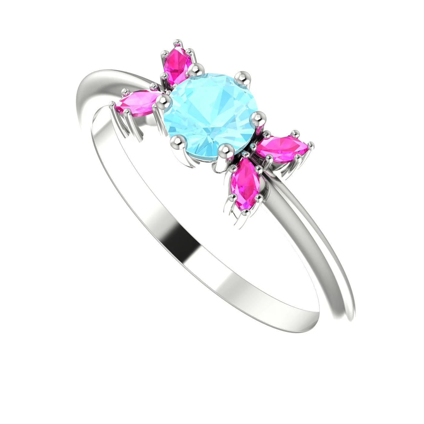 Flutterby: Aquamarine & Pink Sapphire Ring in Platinum & White Gold