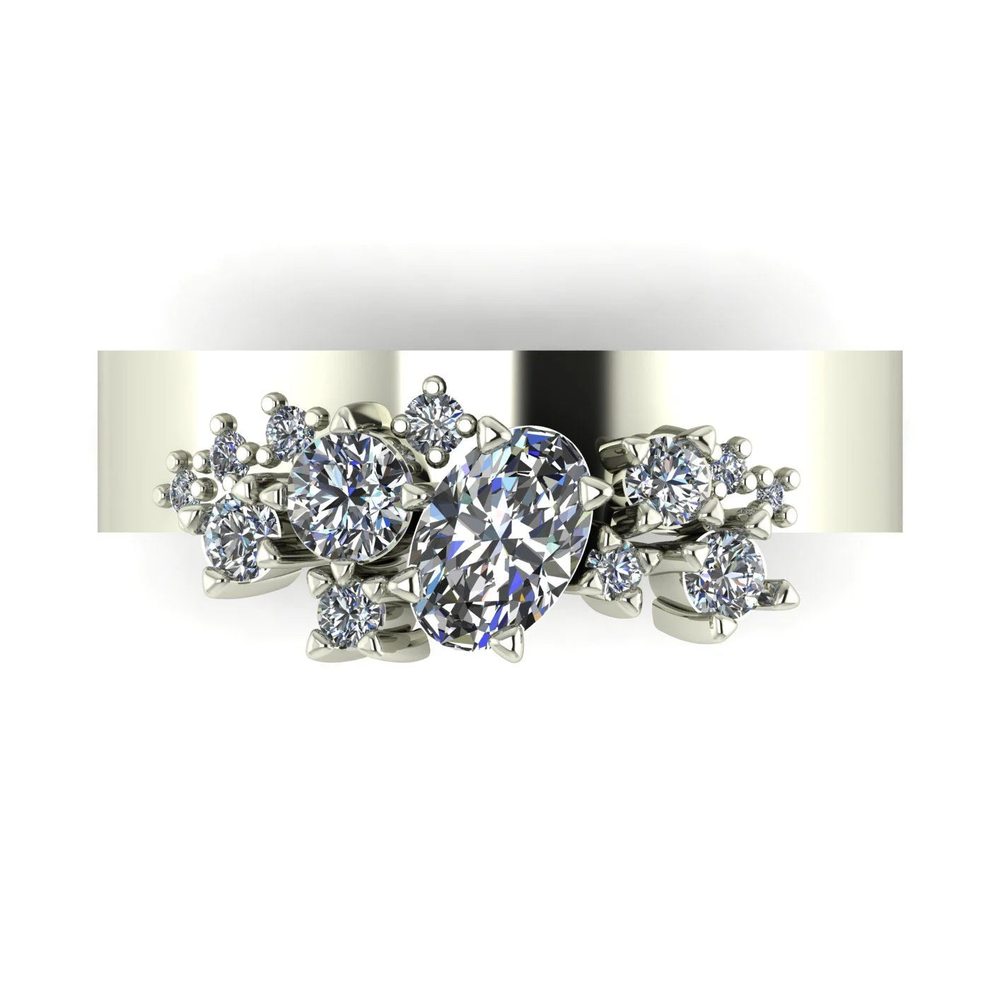 Crystallised Diamond Asymmetrical Cluster Wide Band Ring -  White Gold or Platinum