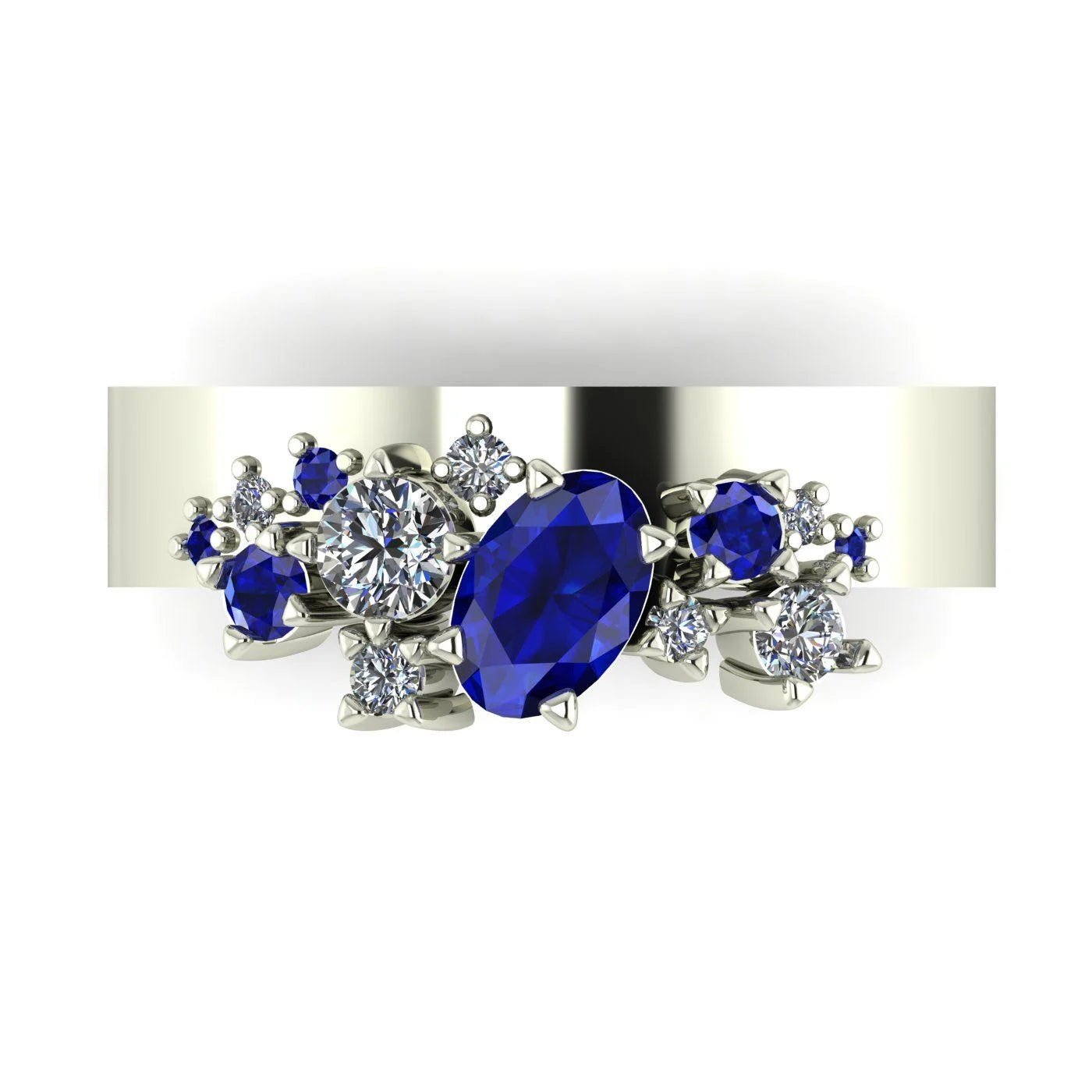 Crystallised Sapphire & Diamond Wide Asymmetrical Cluster Ring - White Gold or Platinum