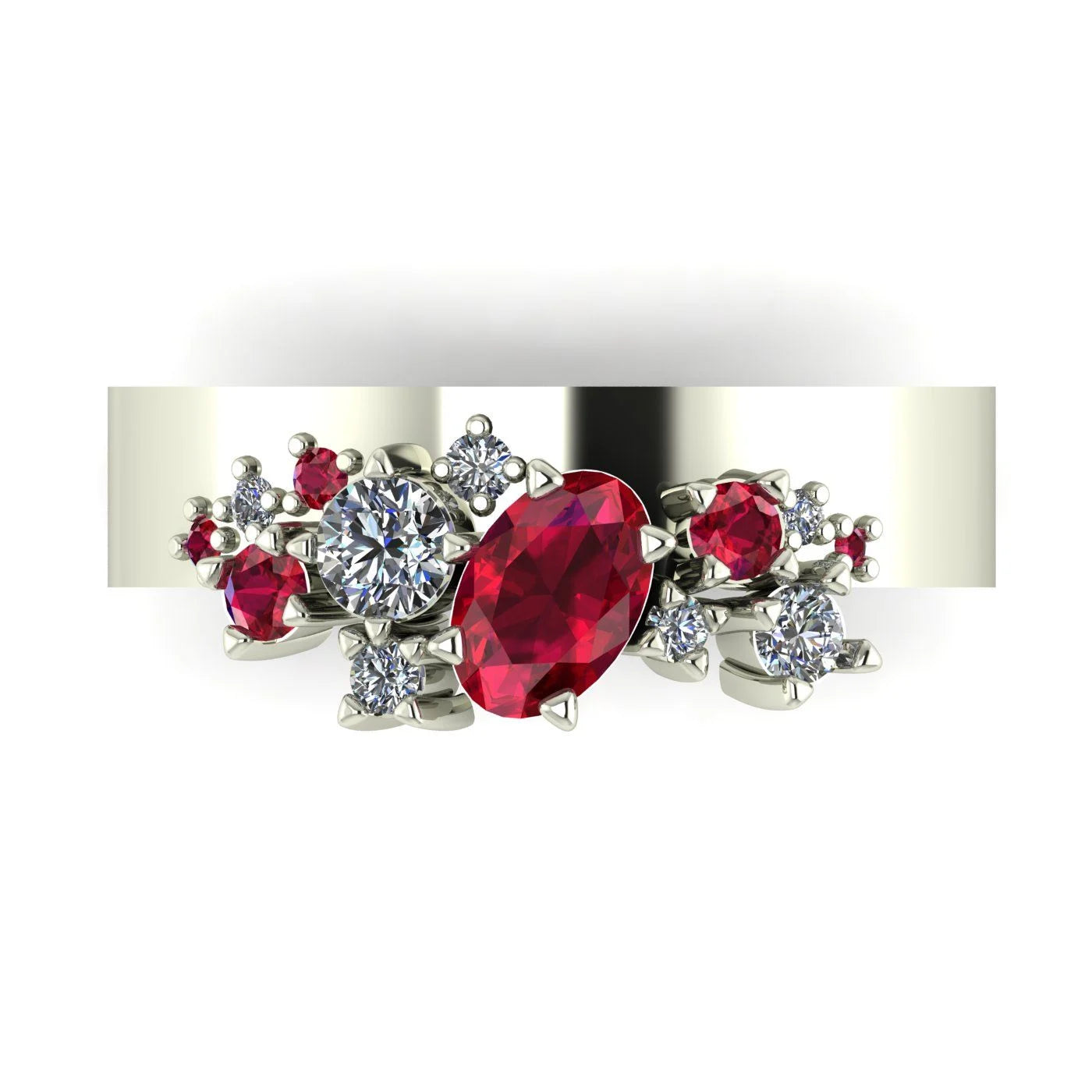 Crystallised Ruby & Diamond Wide Asymmetrical Cluster Ring - White Gold or Platinum
