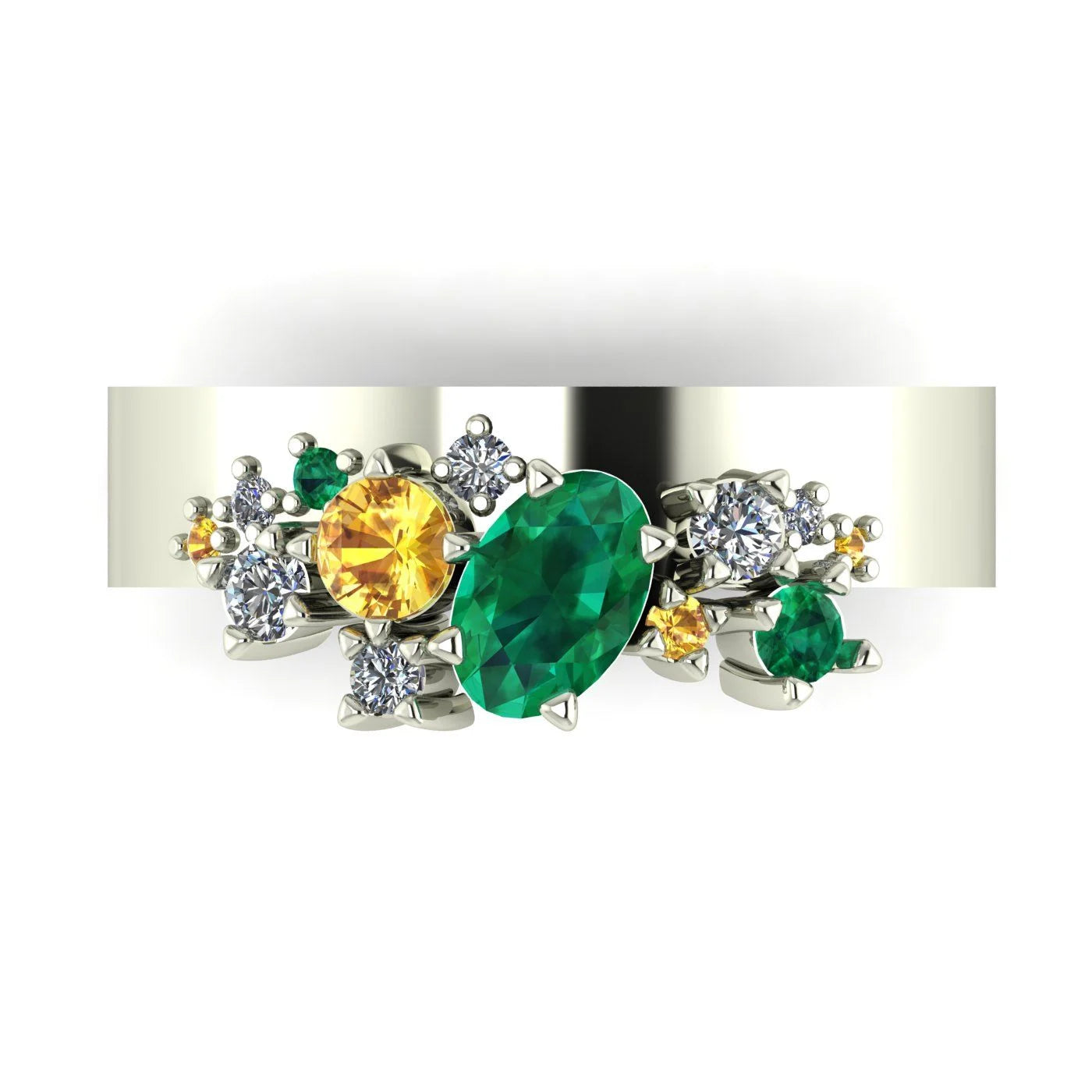 Crystallised Emerald, Yellow Sapphire & Diamond Cluster Ring - White Gold or Platinum