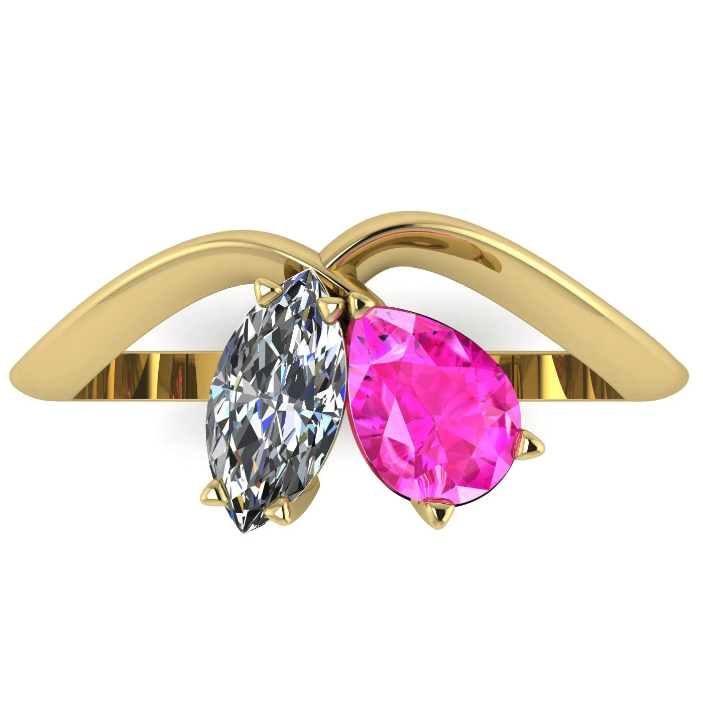 Entwined - Toi Et Moi - Marquise Diamond & Pear Shaped Pink Sapphire Ring - 18 Carat Yellow Gold