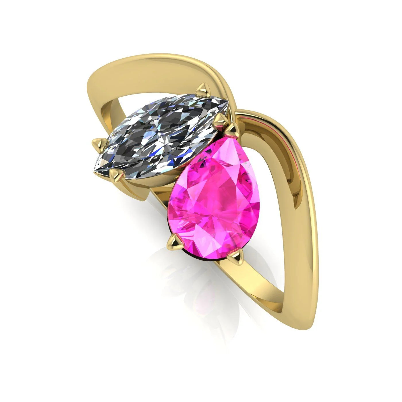 Entwined - Toi Et Moi - Marquise Diamond & Pear Shaped Pink Sapphire Ring - 18 Carat Yellow Gold