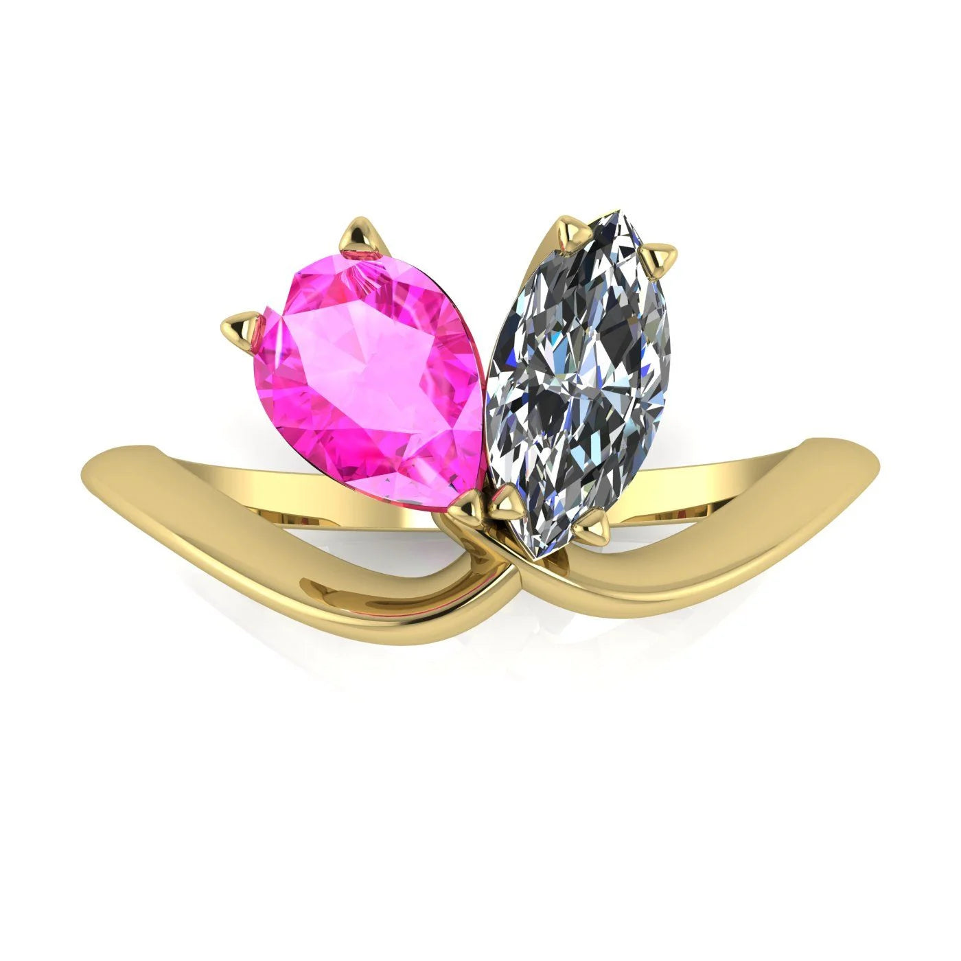 Entwined - Toi Et Moi - Marquise Diamond & Pear Shaped Pink Sapphire Ring - 18 Carat Yellow Gold