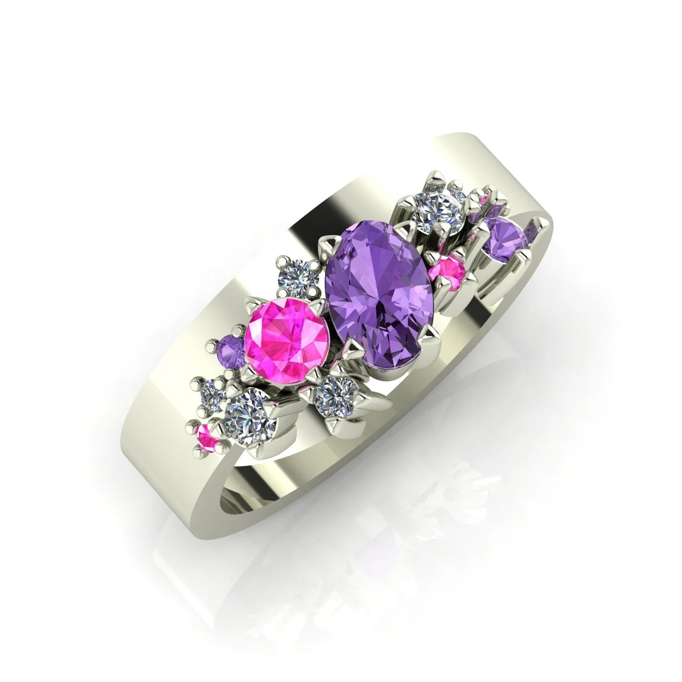 Crystallised Asymmetrical Violet & Pink Sapphire With Diamonds Encrusted Ring