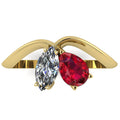 Entwined - Toi Et Moi - Marquise Diamond & Pear Shaped Ruby Ring - 18 Carat Yellow Gold
